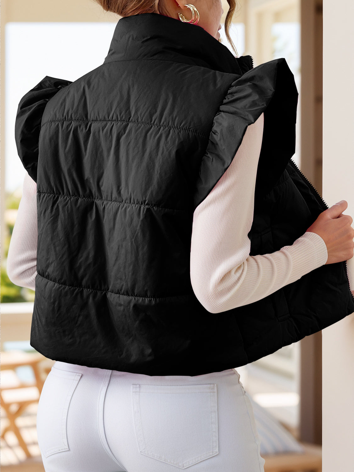 Pocketed Zip Up Cap Sleeve Puffer Vest