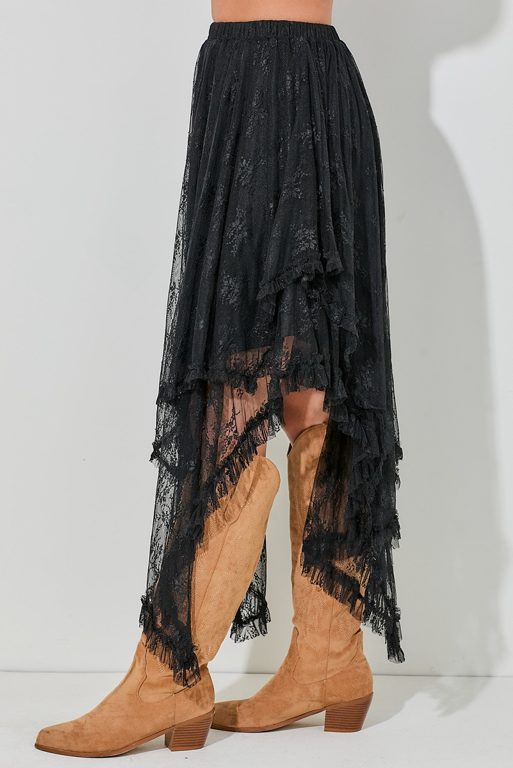 Beige Lace Cascading Tiered High Waist Maxi Skirt