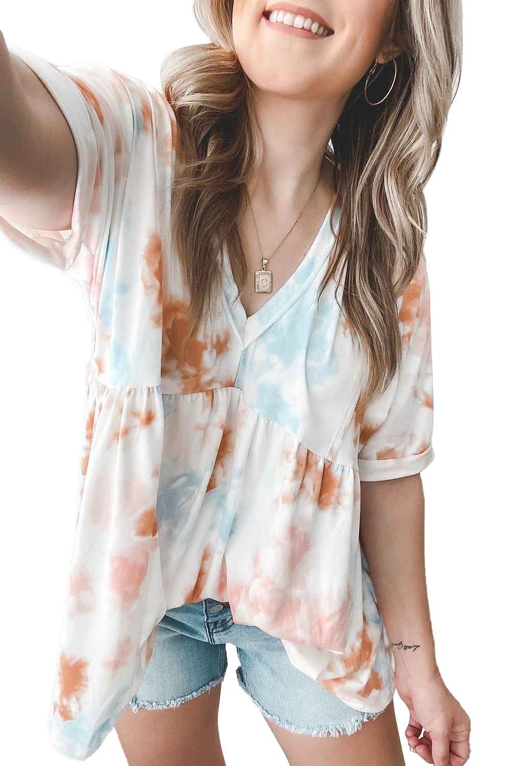 Top bohemio con escote en V, encaje y efecto tie dye blanco