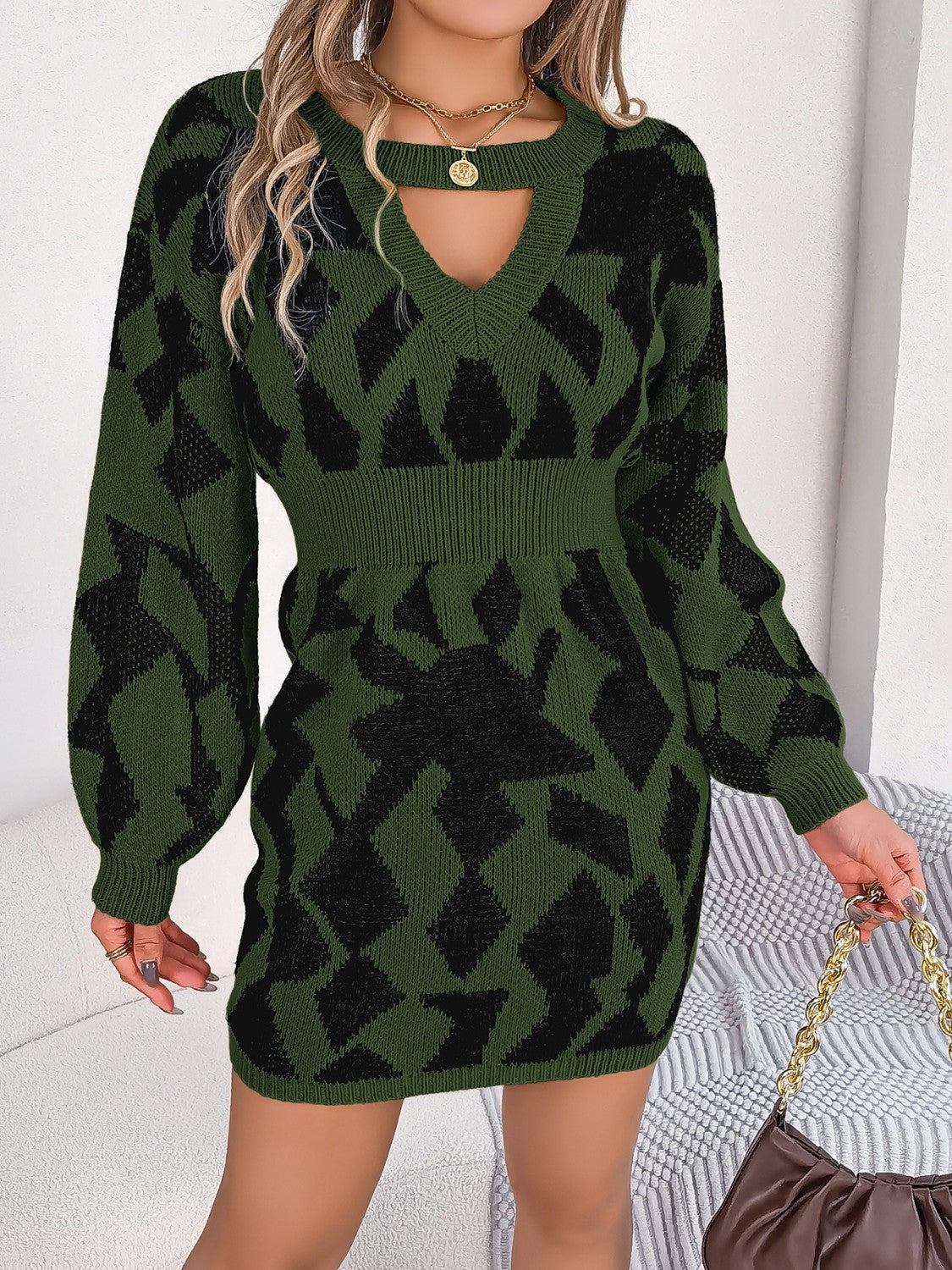 Vestido mini tipo suéter de manga larga con escote redondo y aberturas en contraste | SML | 3 COLORES