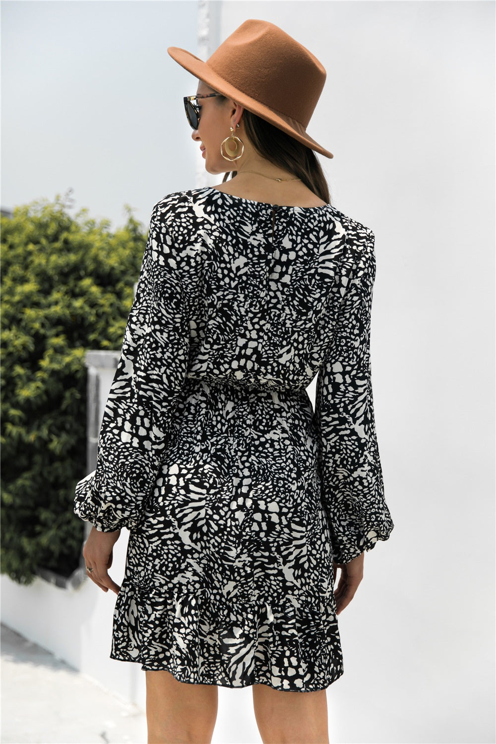 Animal Print Round Neck Balloon Sleeve Mini Dress | S - XL | 2 COLORS