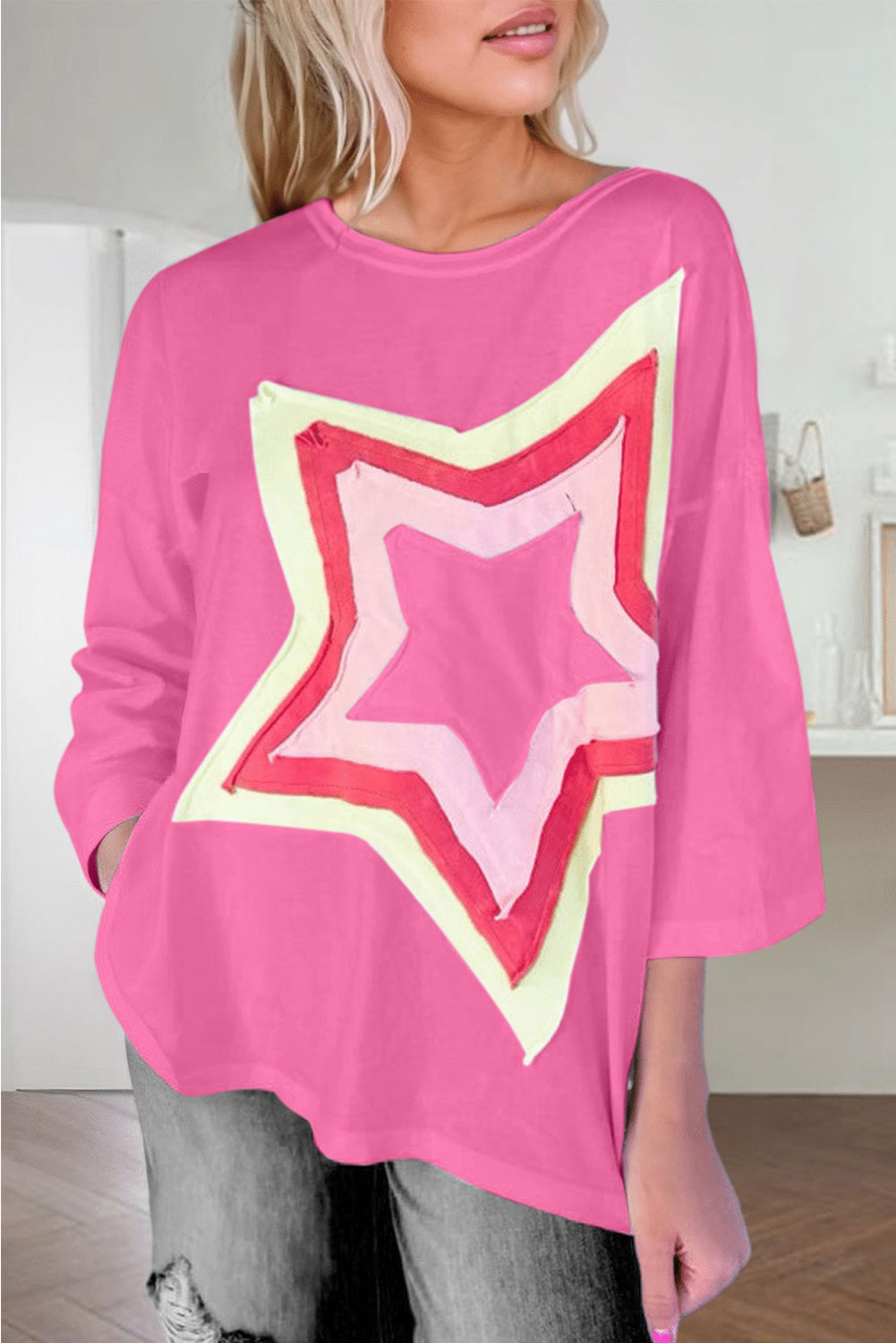 Camiseta extragrande de manga corta con parches de estrellas y bloques de color Bonbon