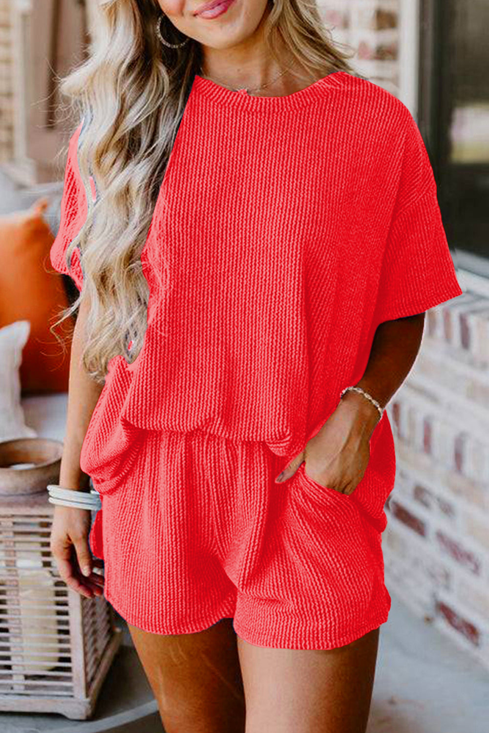 Conjunto de camiseta y pantalones cortos holgados de punto texturizado acanalado