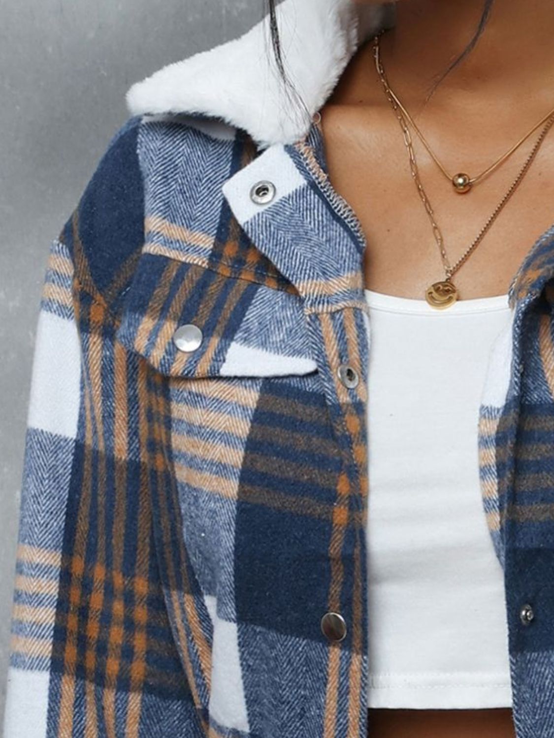 Plaid Snap Down Collared Neck Cropped Jacket