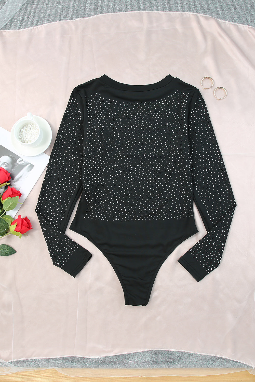 Rosy Rhinestone Casual Slim Fit Long Sleeve Bodysuit