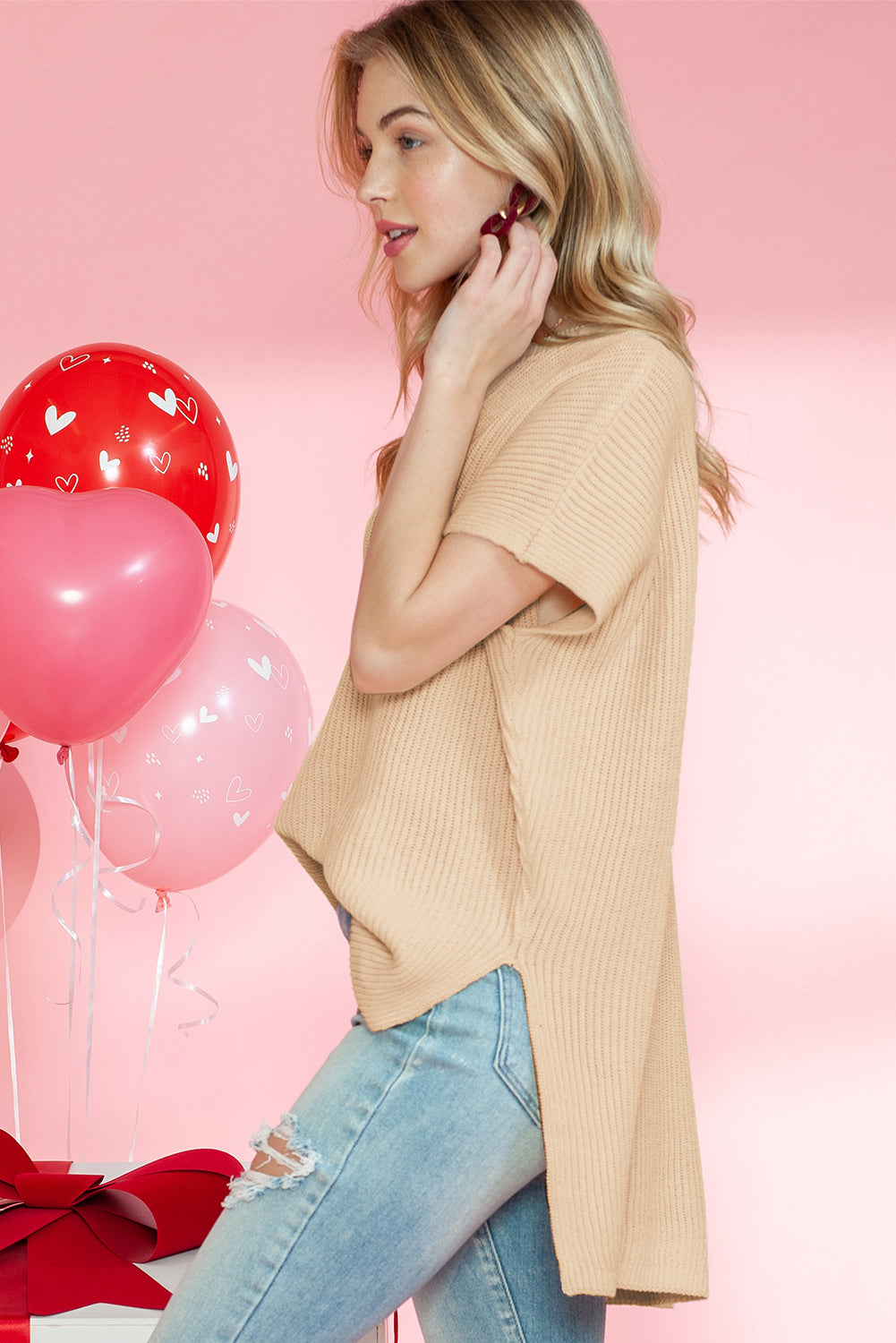 Top de punto de gran tamaño con mangas cortas estilo dolman y abertura lateral en color gris | S - XL | 3 COLORES