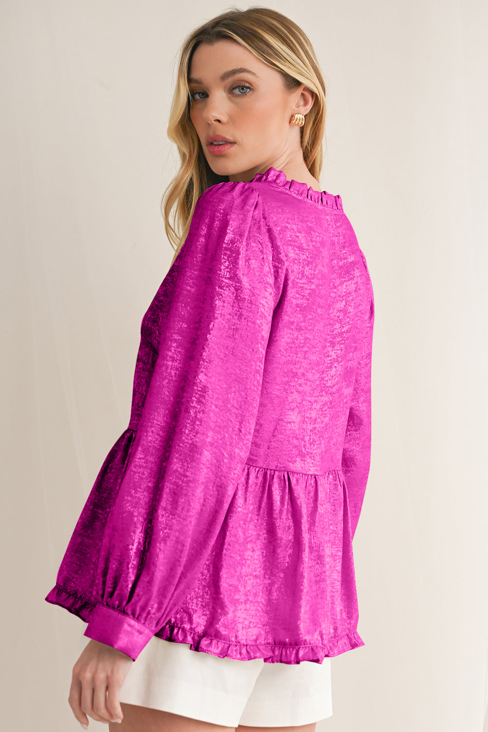 Gold Metallic Frill V Neck Puff Sleeve Babydoll Blouse