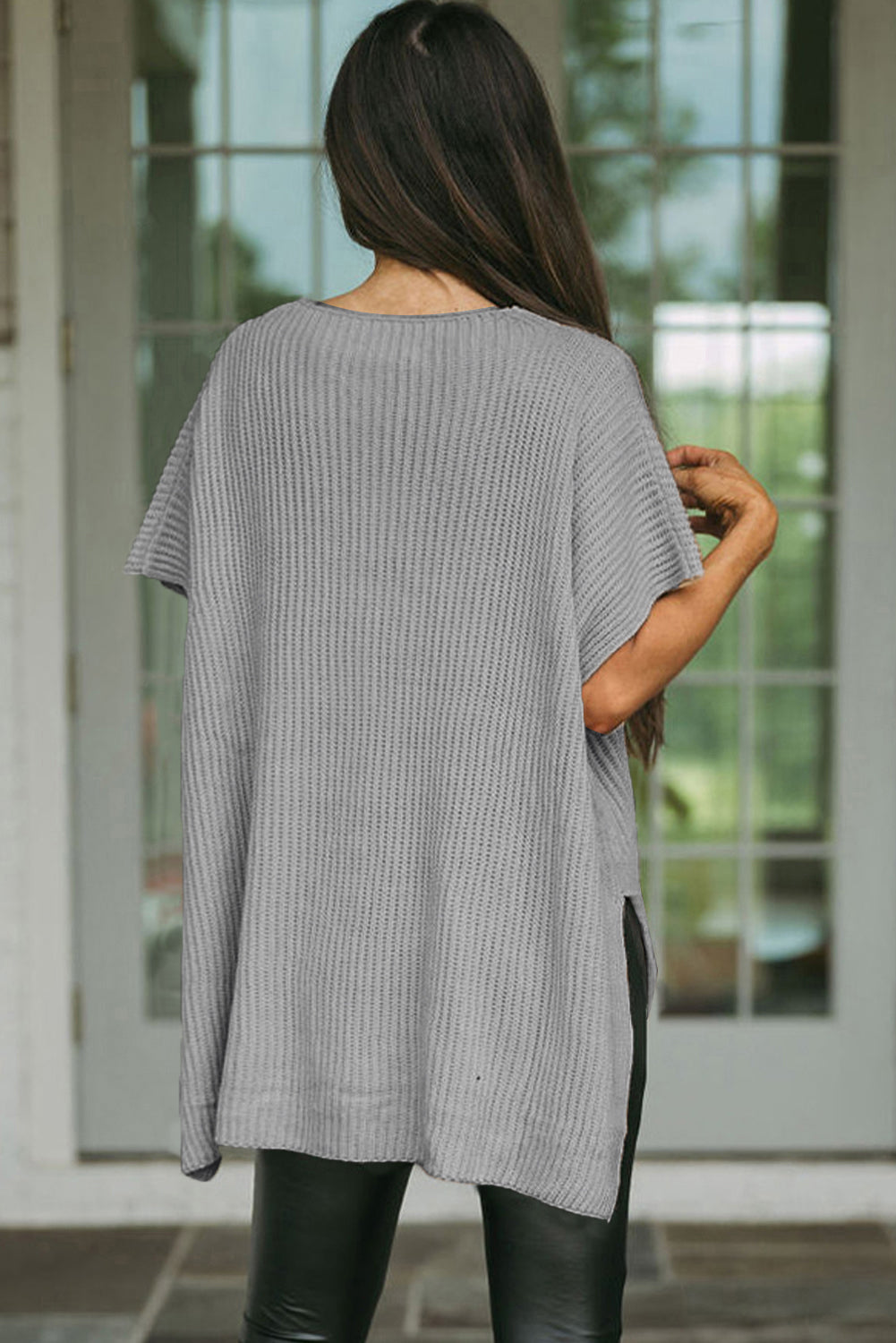 Top de punto de gran tamaño con mangas cortas estilo dolman y abertura lateral en color gris | S - XL | 3 COLORES