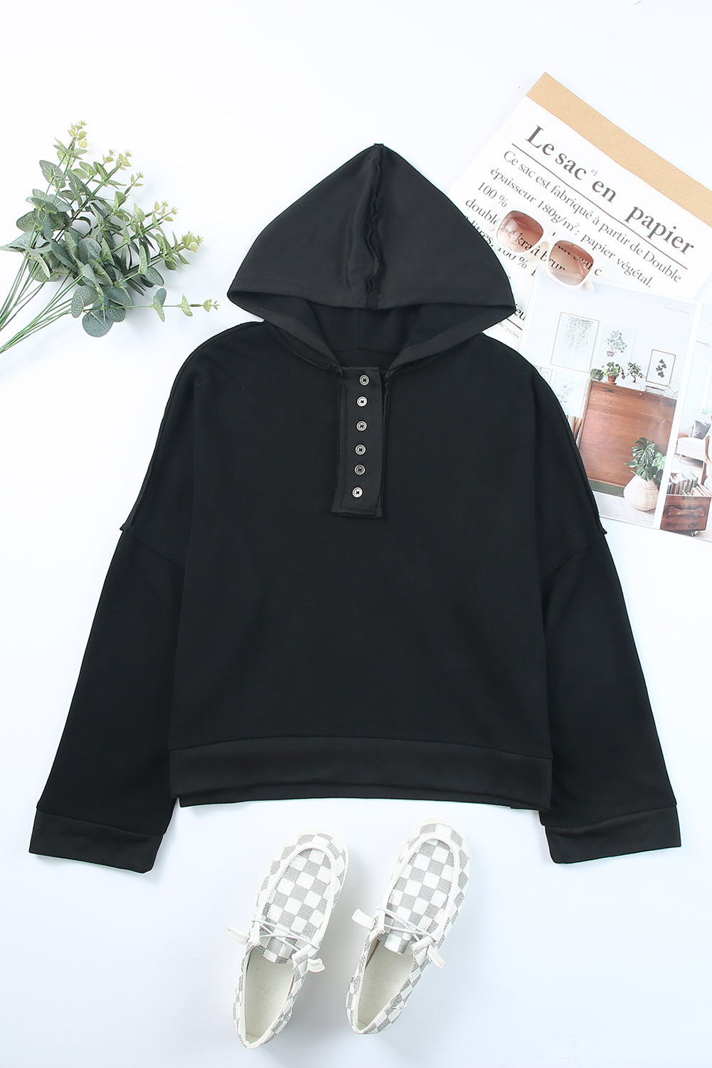 Black Solid Color Button Front Basic Pullover Hoodie