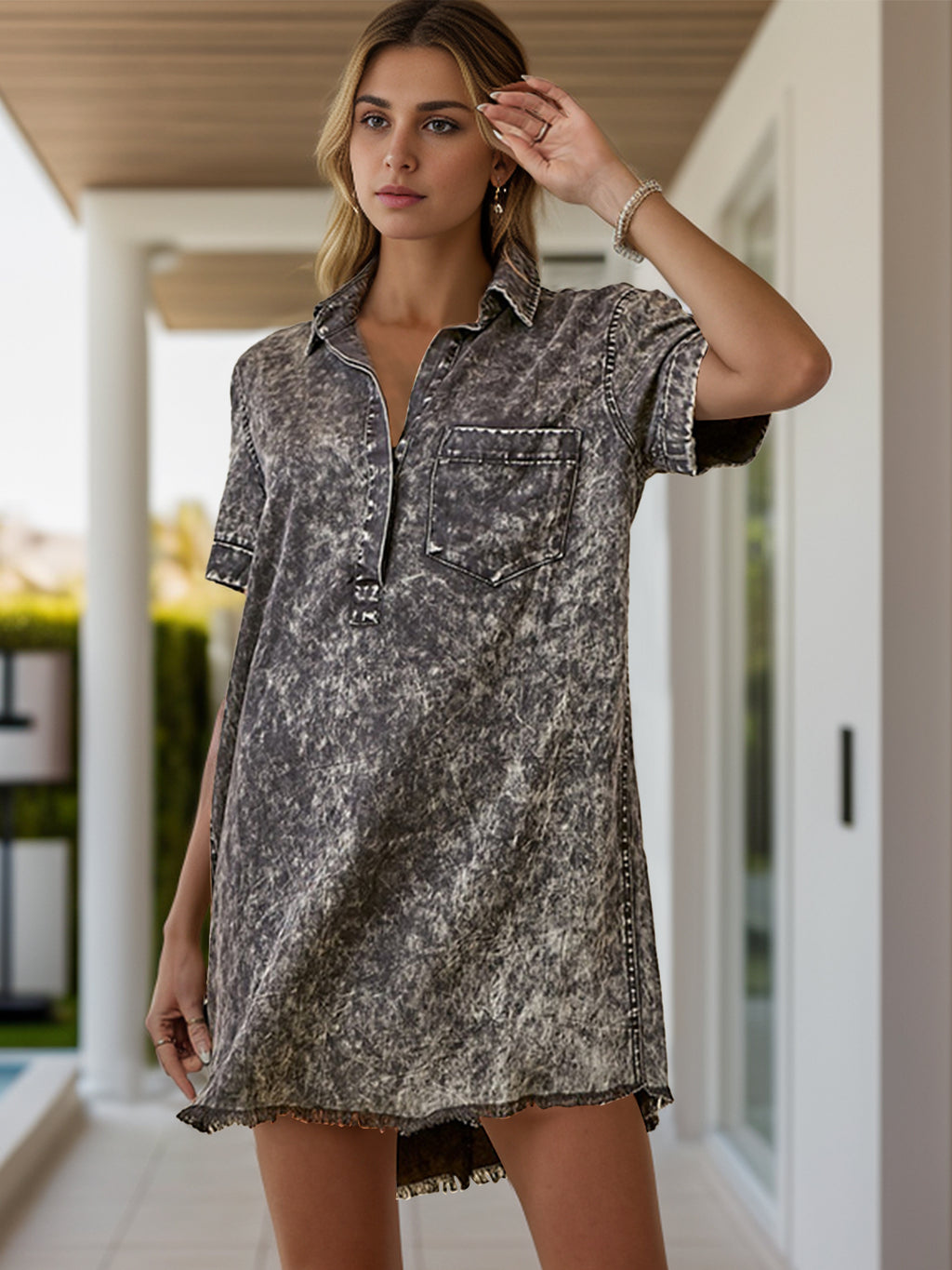 Pocketed Collared Neck Short Sleeve Denim Dress | S - XL | 3 COLORS
