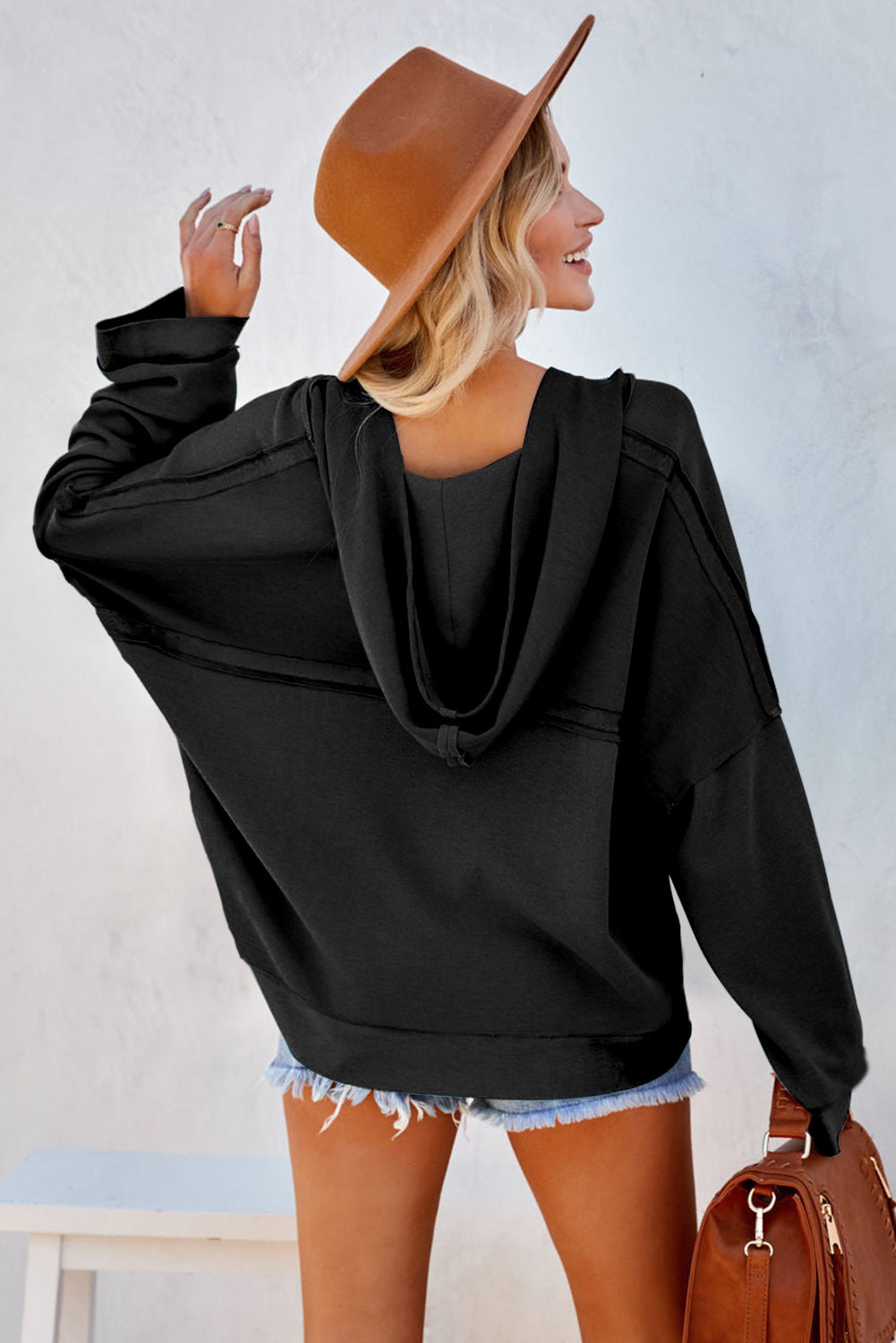 Black Solid Color Button Front Basic Pullover Hoodie