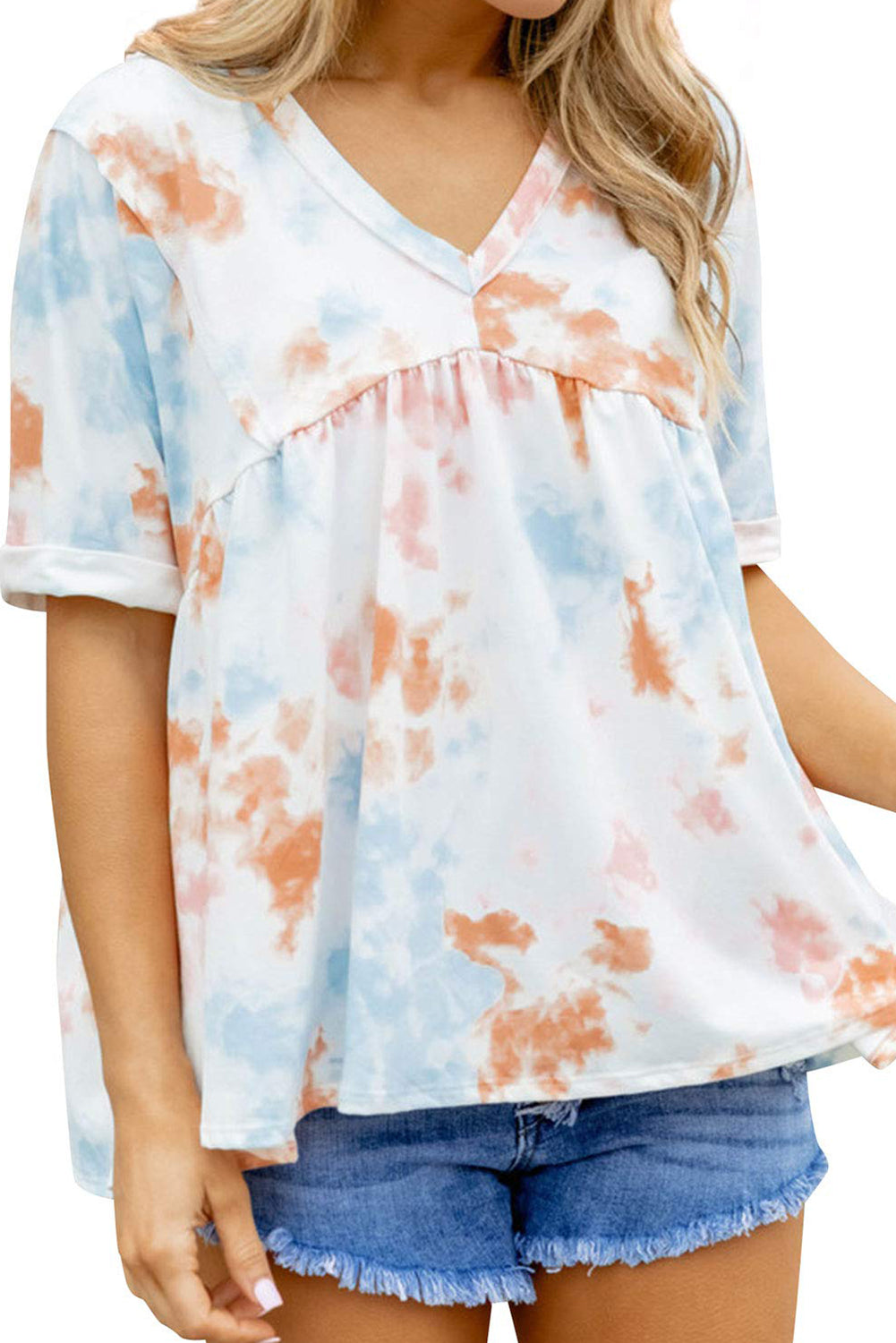 Top bohemio con escote en V, encaje y efecto tie dye blanco