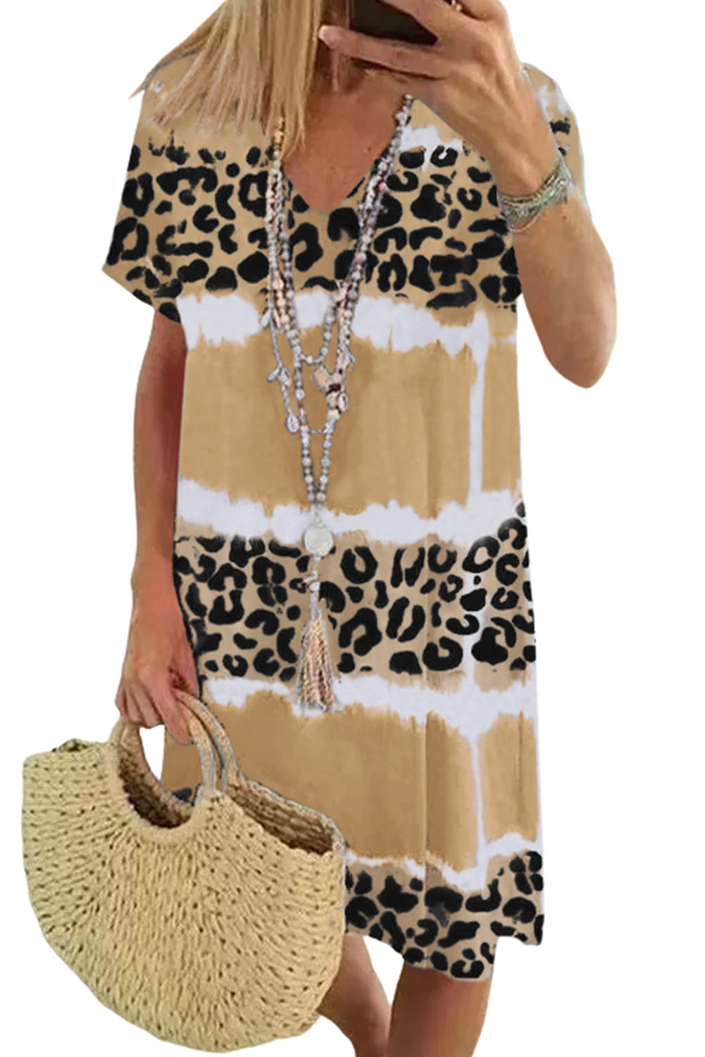 Vestido estilo camiseta con escote en V y bloques de color teñido anudado y estampado de leopardo en rosa