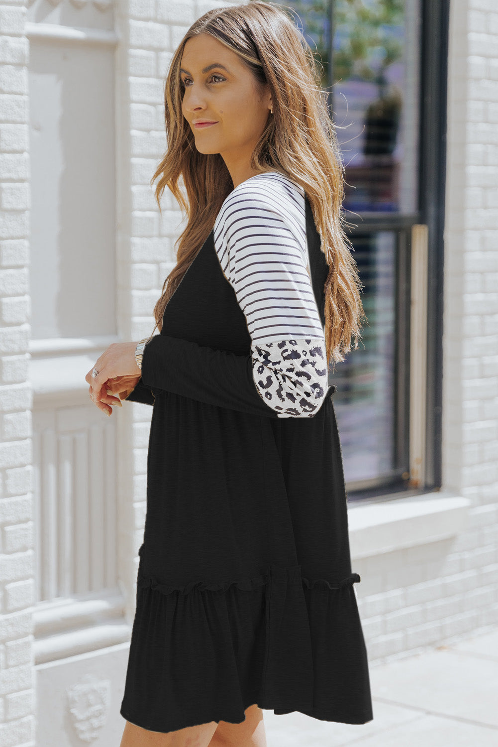 Black Striped Leopard Patchwork Pleated Long Sleeve Dress