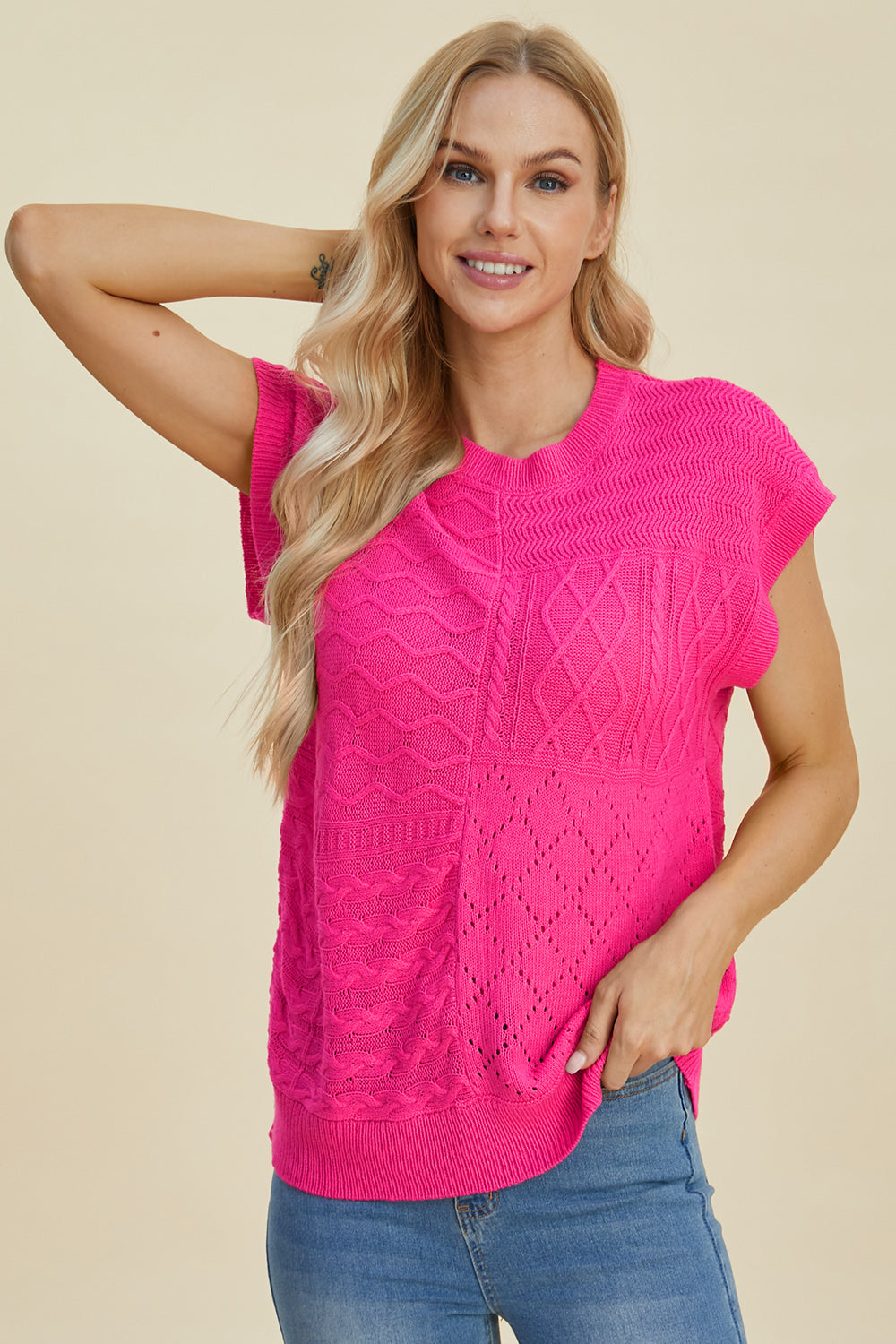 Suéter de cuello redondo y manga corta de punto trenzado de Double Take | Tallas grandes | S - XL | 2XL - 3XL | 5 COLORES