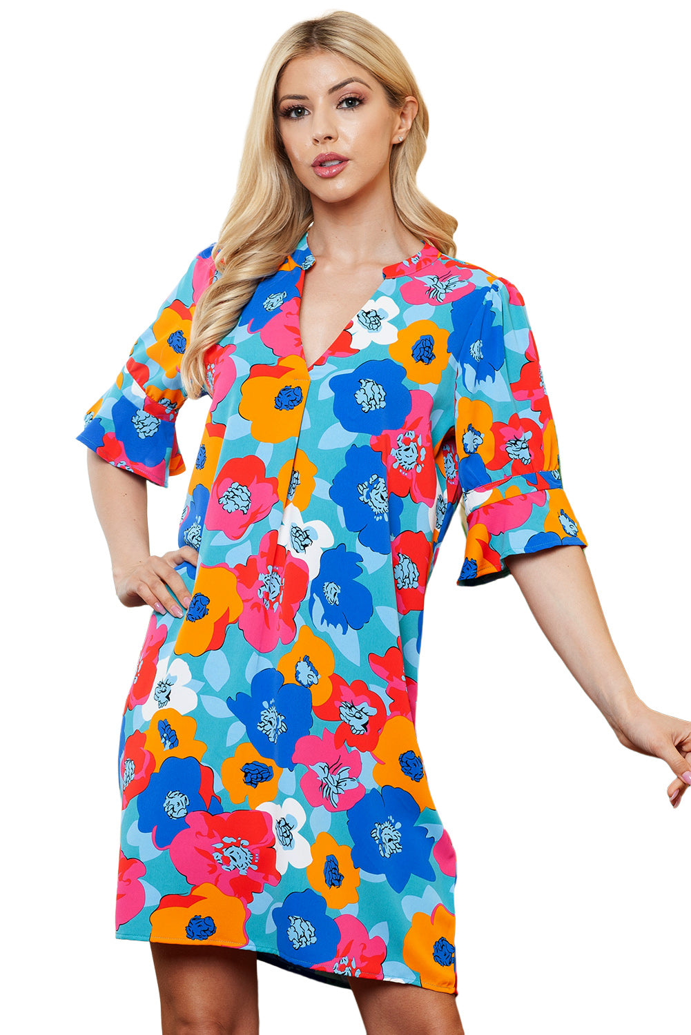 Vestido túnica de manga corta con cuello mandarín y estampado floral de rosas