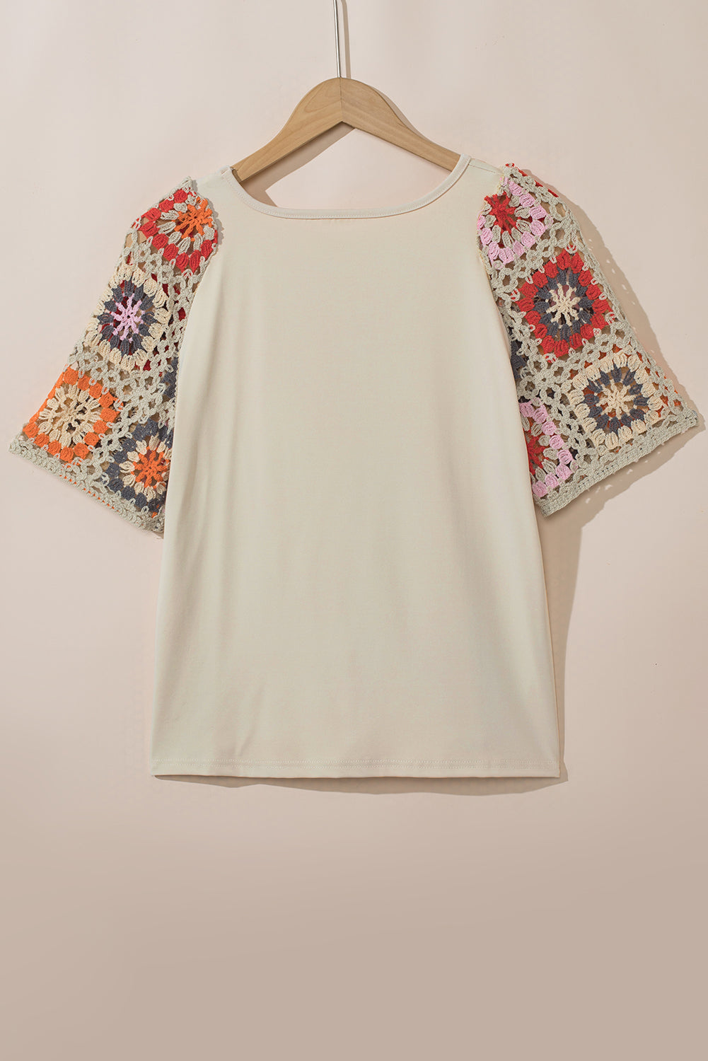 Camiseta con mangas de crochet y estampado floral ahuecado estilo boho turquesa