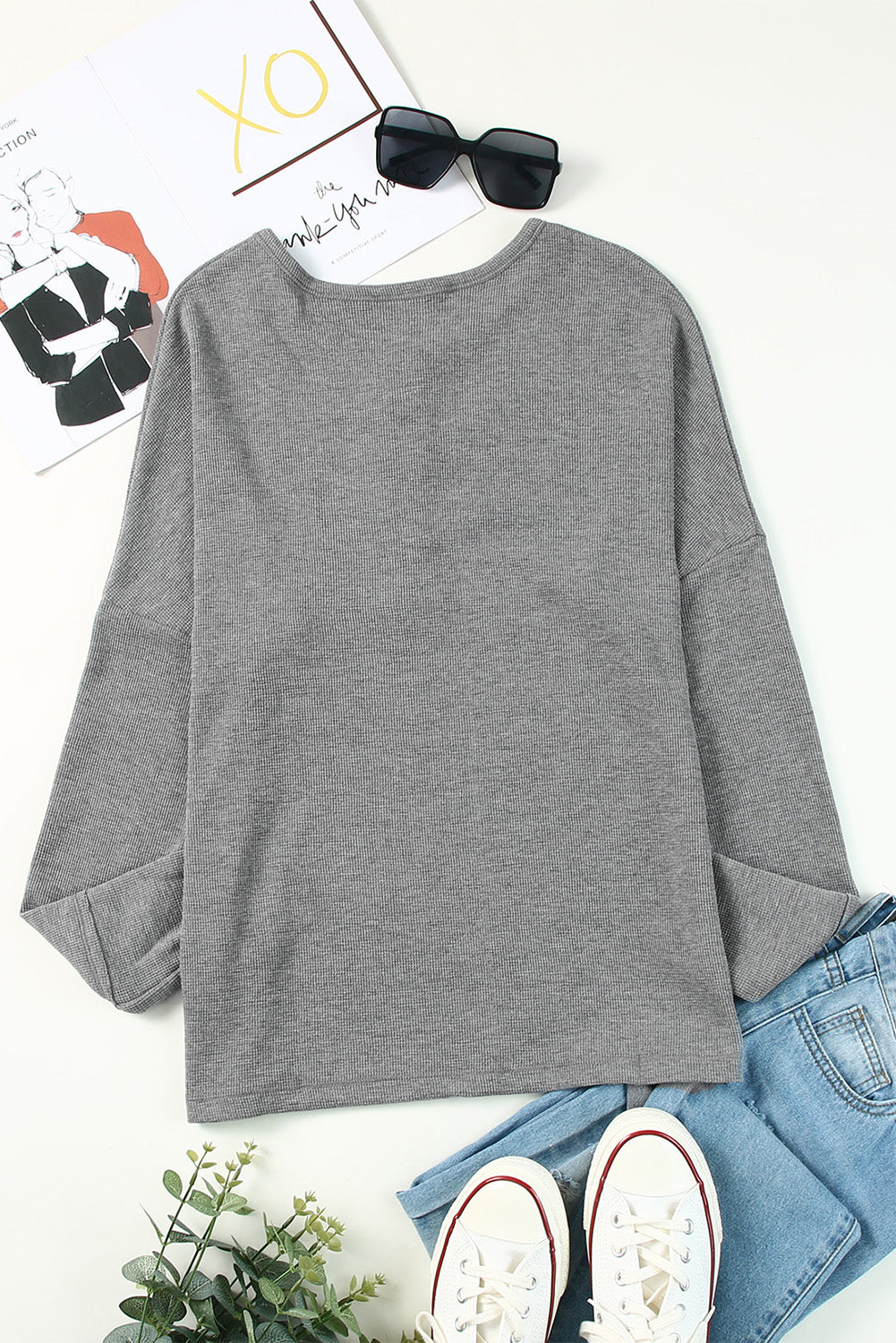 Camisa henley de manga larga de punto gofre gris para mujer