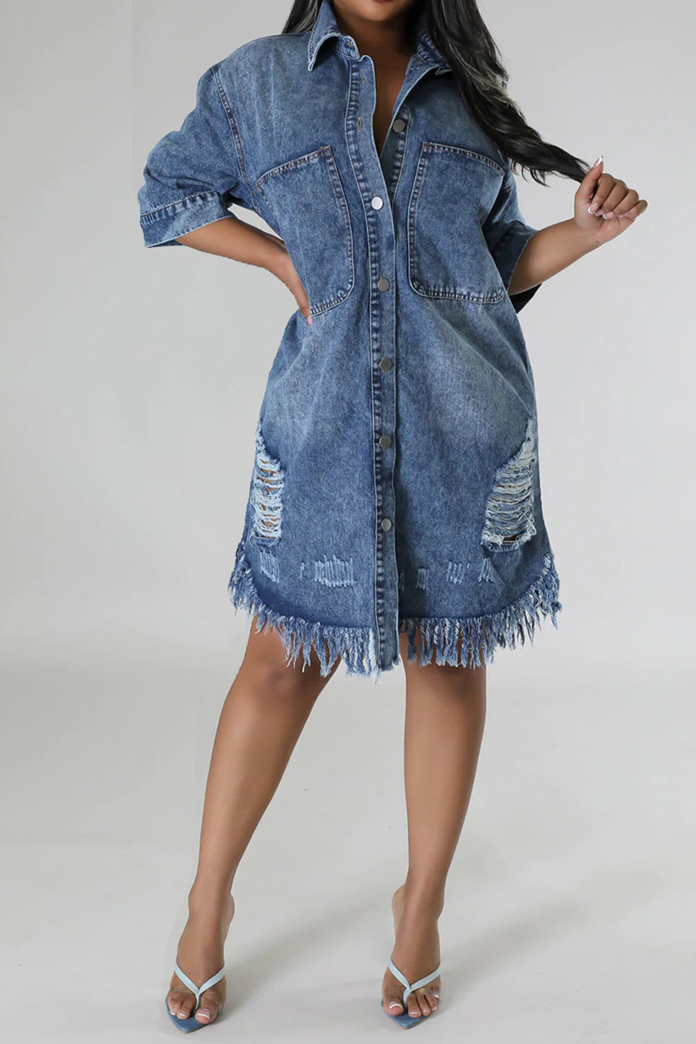 Distressed Raw Hem Button Up Denim Dress | S - 2XL | 2 COLORS