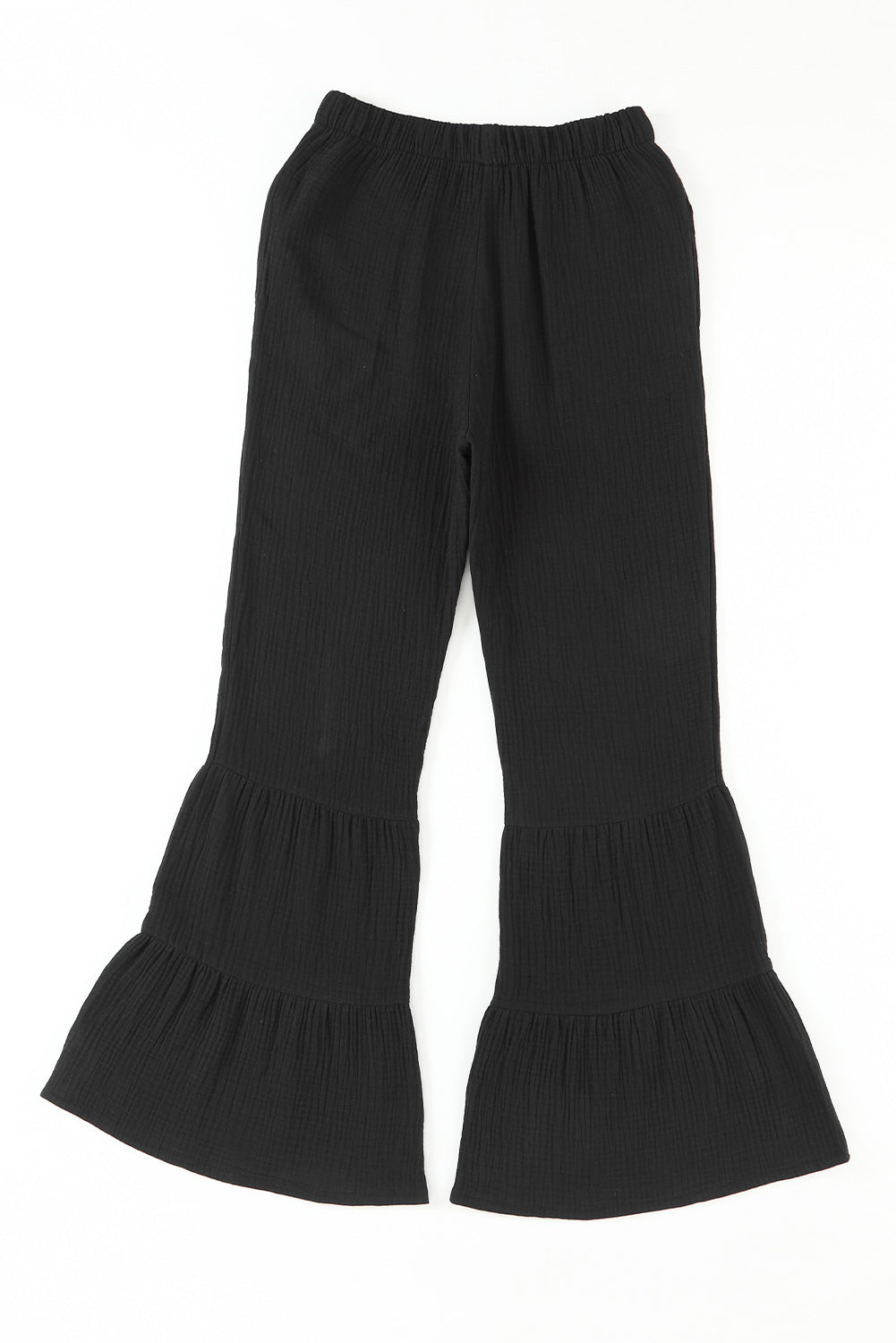 Plain Cotton Tiered Ruffle Flare High Waisted Pants