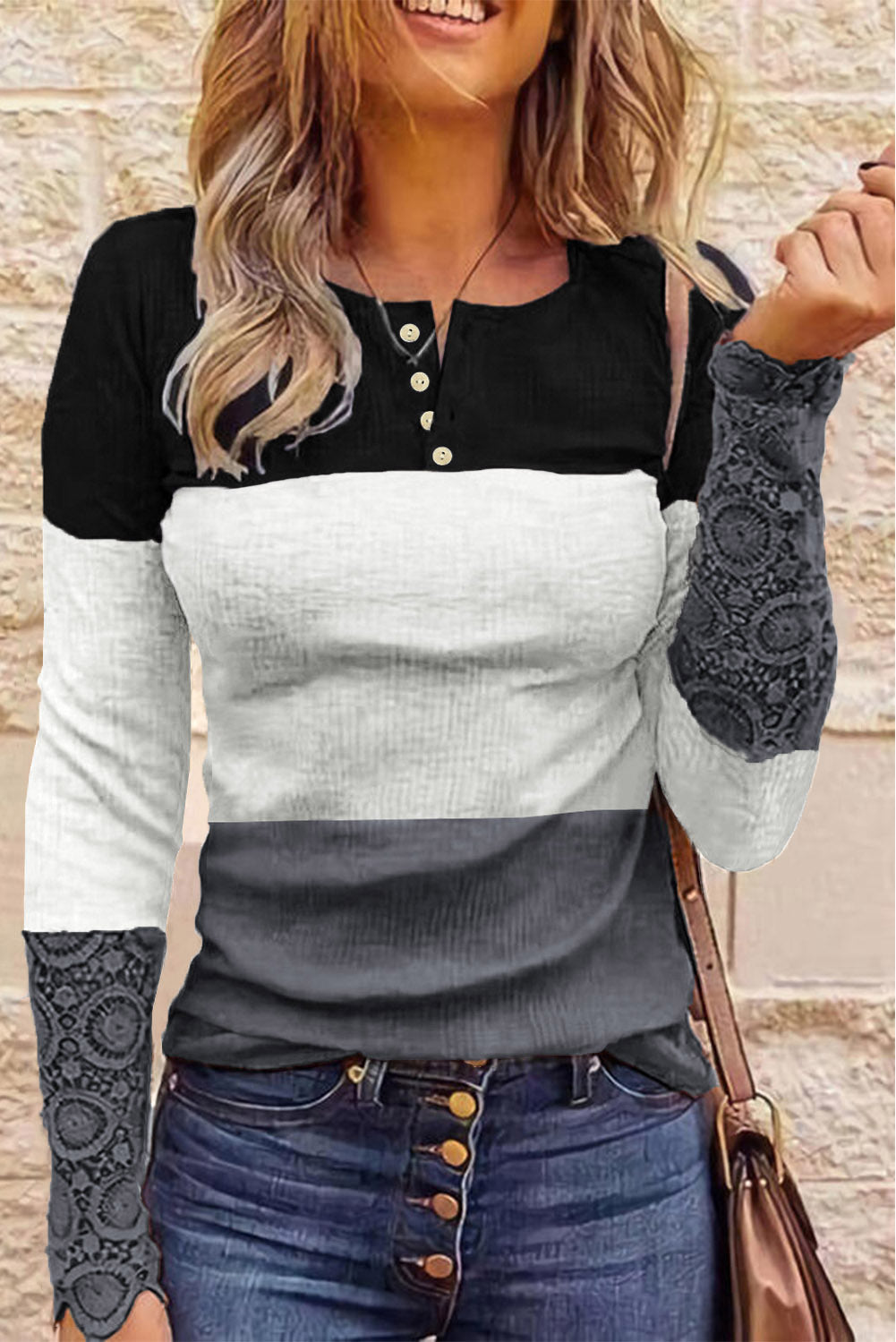 Camisa henley con mangas de crochet y encaje acanalado con bloques de color para mujer