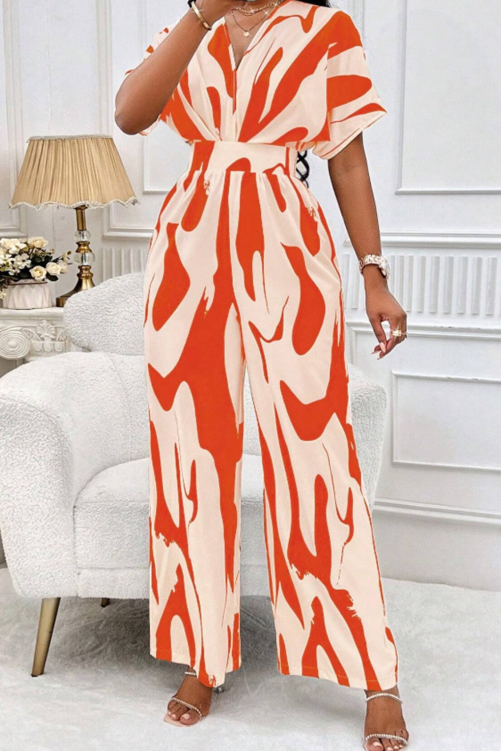 Printed V-Neck Short Sleeve Wide Leg Jumpsuit | S - 2XL | 4 COLORS