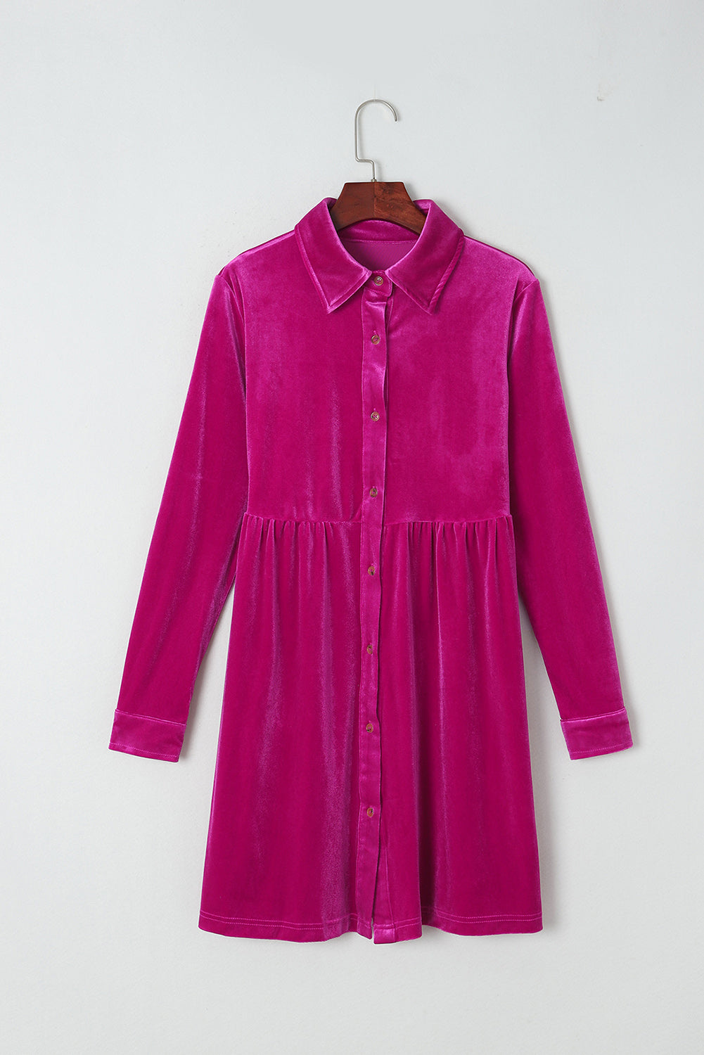 Rose Long Sleeve Ruffle Velvet Button Up Shirt Dress