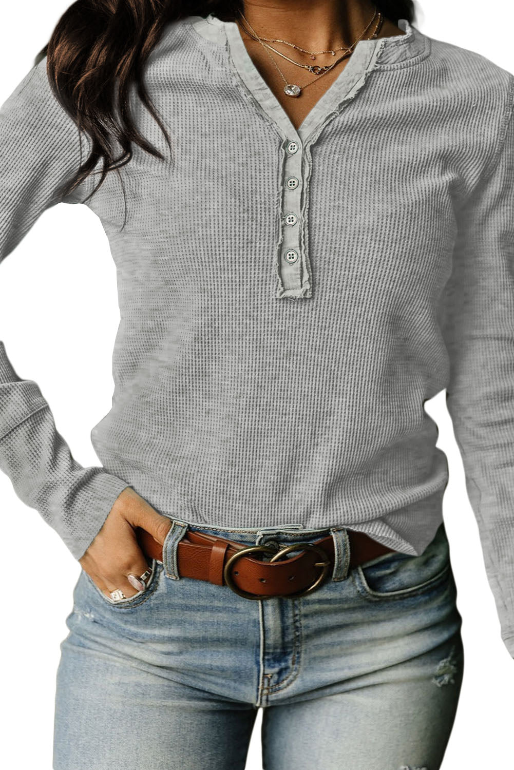 Camisa henley de manga larga con tejido gofre en color gris liso