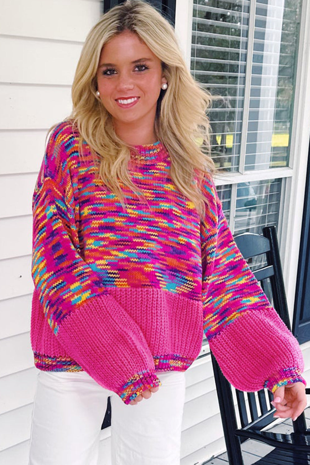 Bright Pink Confetti Drop Shoulder Crewneck Sweater