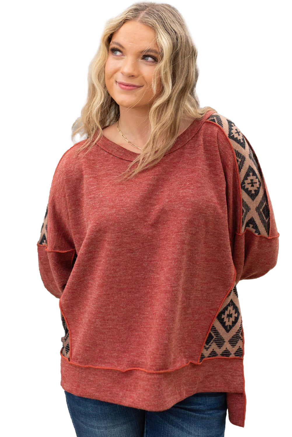 Redwood Burl Geometric Patchwork Plus Size High Low Sweatshirt