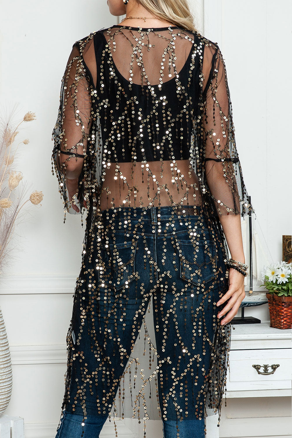 Black Sequin Sheer Casual Open Front Kimono