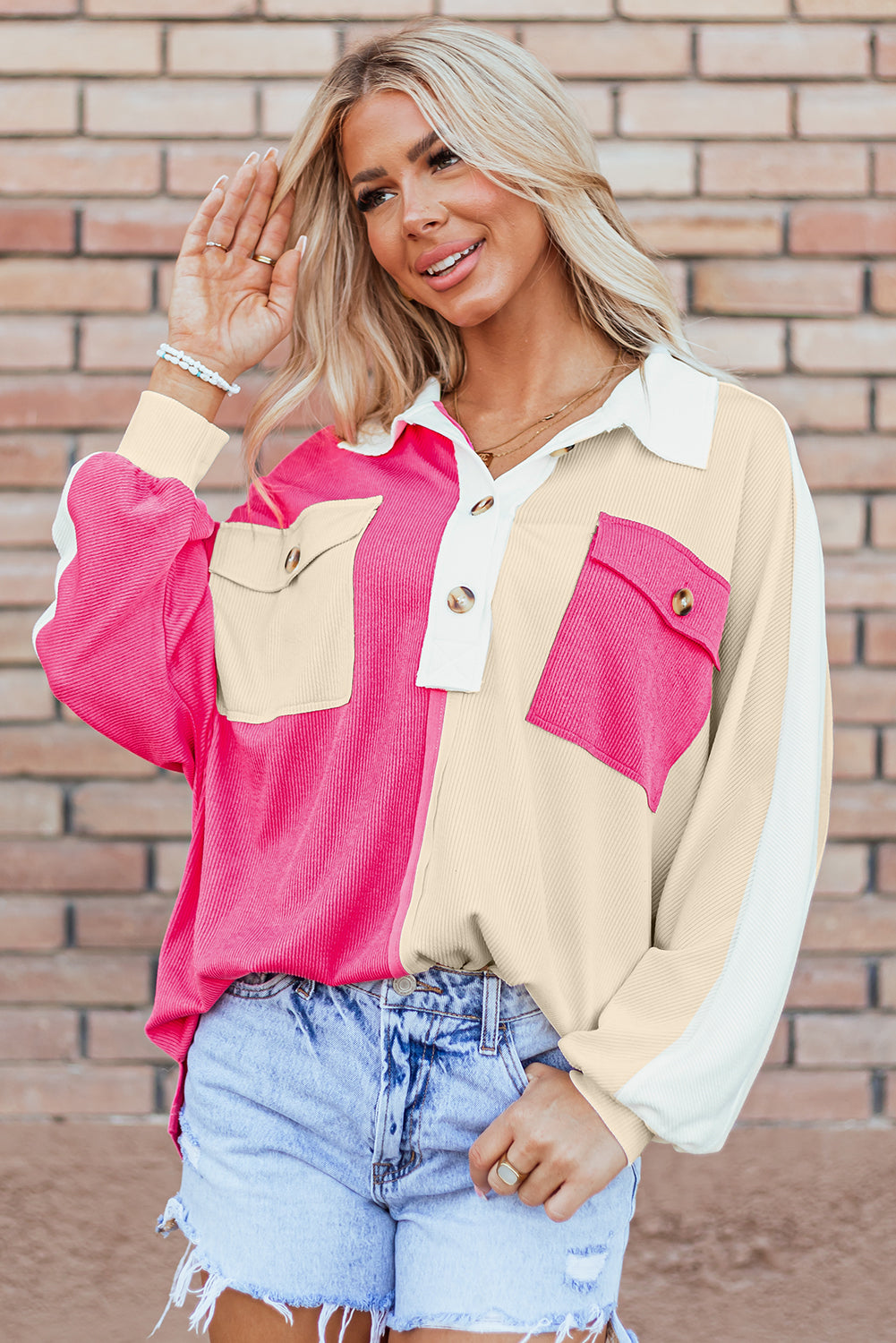 Gray Colorblock Ribbed Collared Oversized Sweatshirt