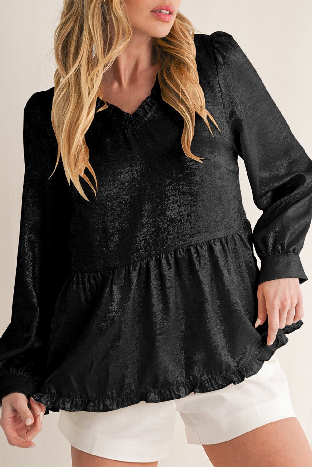 Gold Metallic Frill V Neck Puff Sleeve Babydoll Blouse
