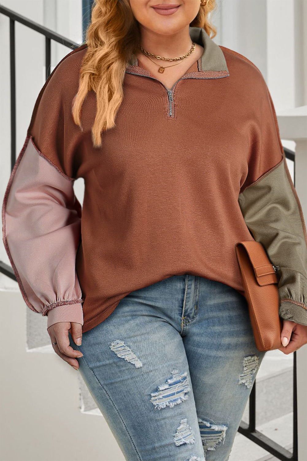 Sudadera con cremallera de un cuarto y costuras expuestas en bloques de color de talla grande Gold Flame