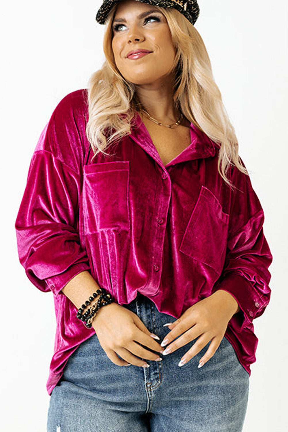 Chestnut Plus Size Velvet Chest Pocket Drop Shoulder Shirt