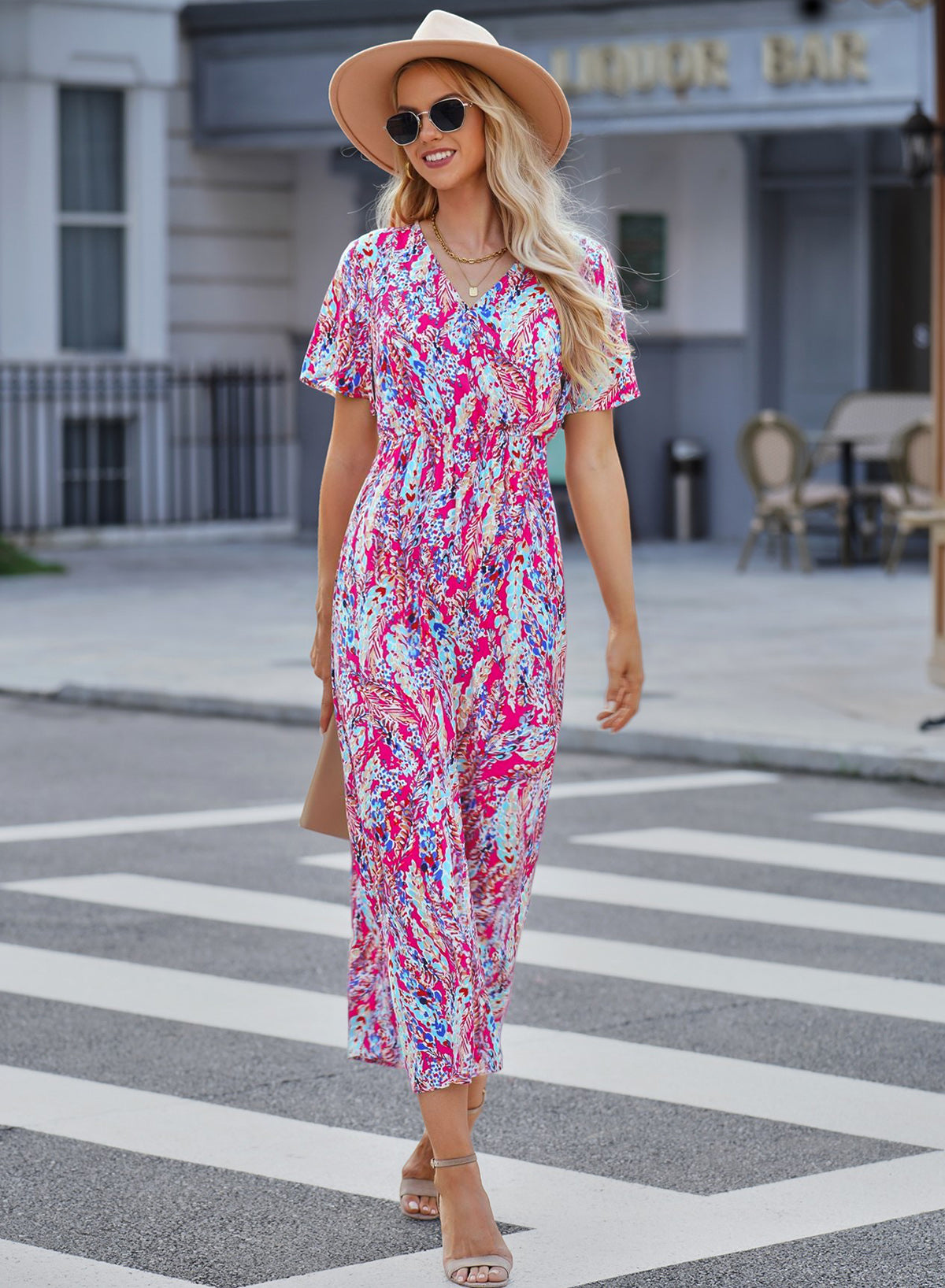 Abstract Botanic Print Wrap V Neck Short Sleeve Maxi Dress