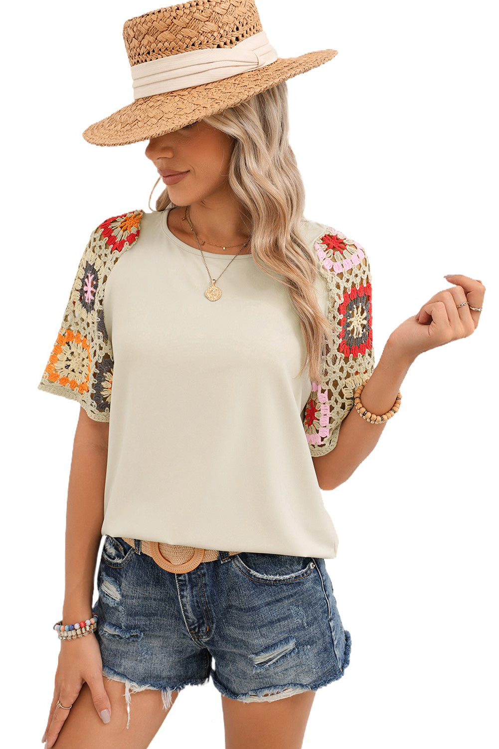 Camiseta con mangas de crochet y estampado floral ahuecado estilo boho turquesa