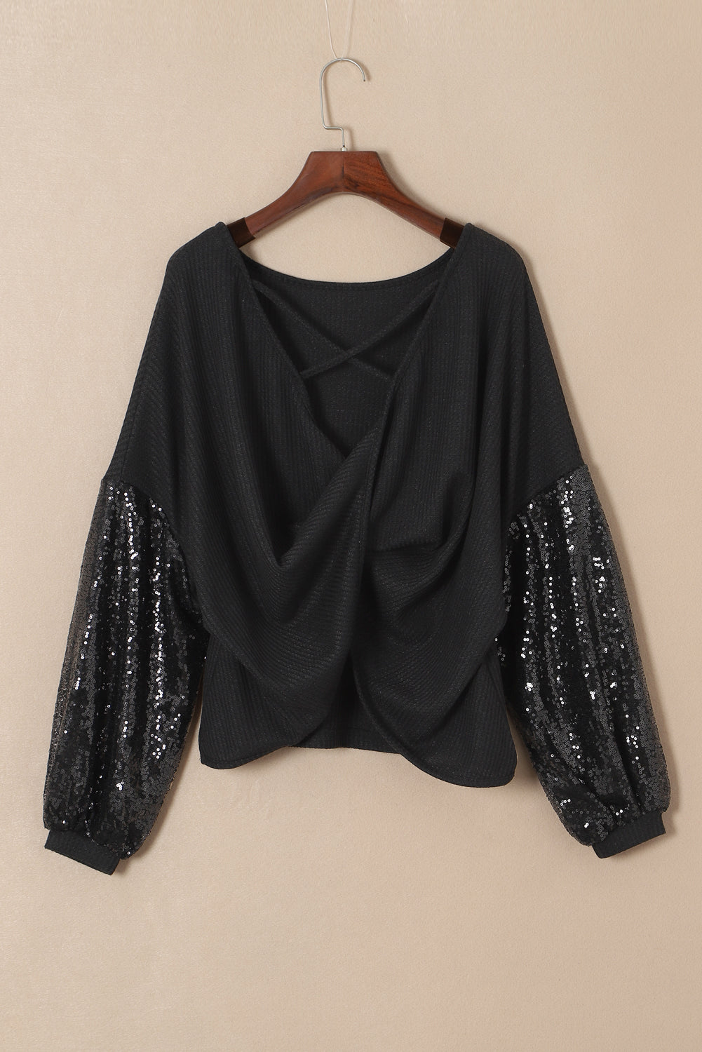 Black Cross Backless Sequin Bishop Sleeve Top | S - 2XL | 3 COLORS