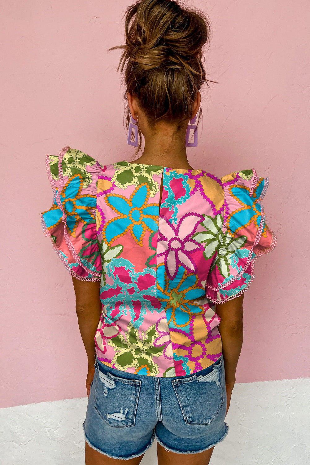 Blusa con mangas con volantes y estampado floral verde estilo boho