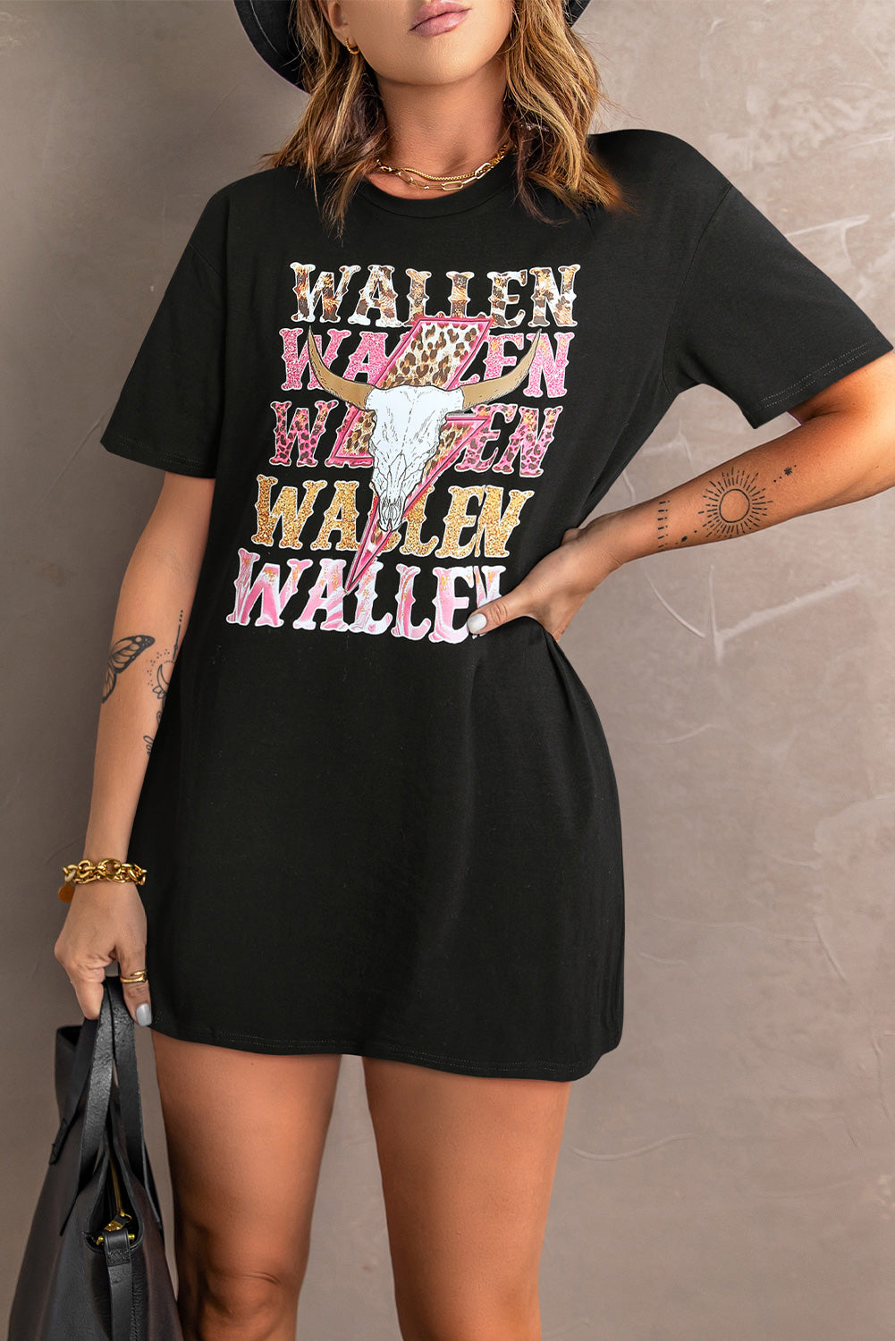 Black WALLEN Letter Print Animal Graphic Oversized Tee