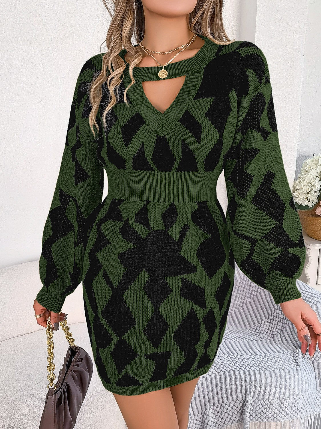 Vestido mini tipo suéter de manga larga con escote redondo y aberturas en contraste | SML | 3 COLORES