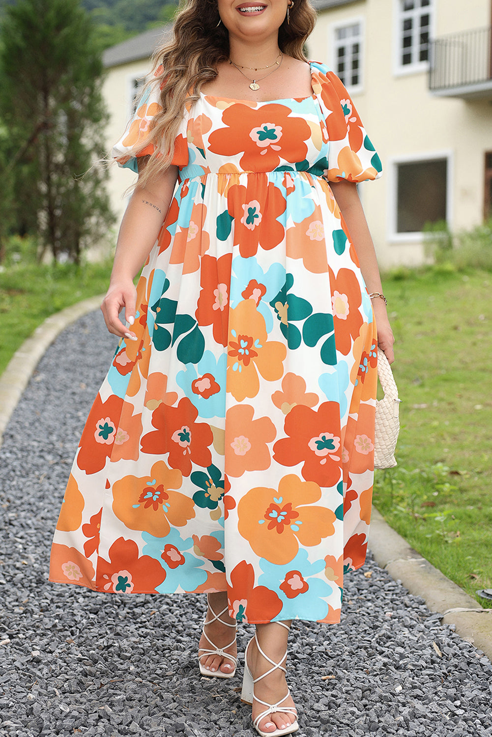 Orange Plus Size Floral Print Square Neck Maxi Dress