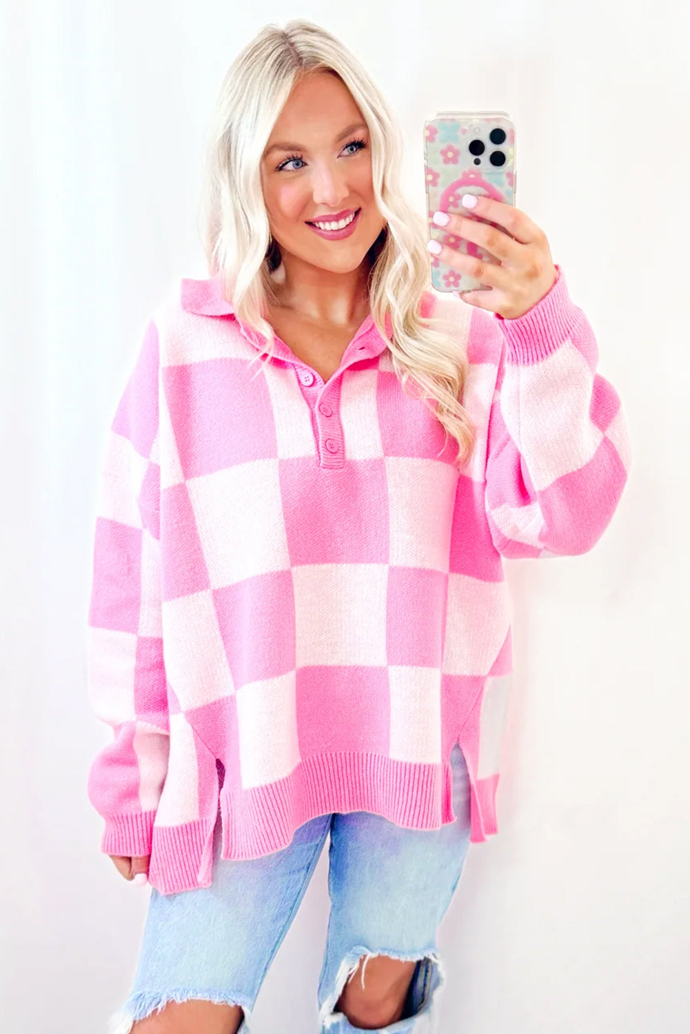 Pink Checkered Button Collared Sweater