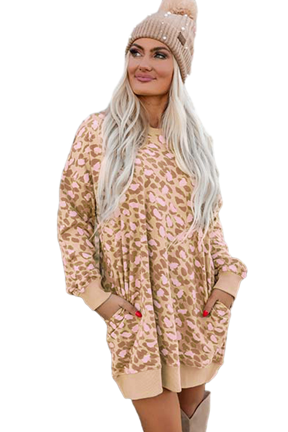 Parchment Leopard Print Side Pockets Long Sleeve Mini Dress