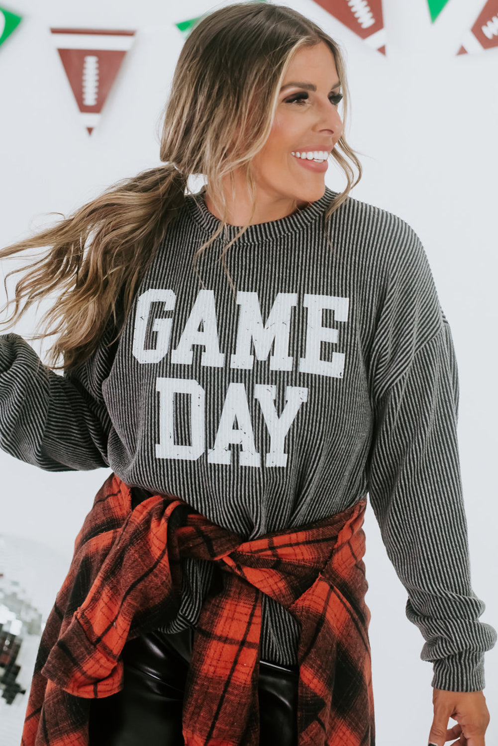 Dark Grey Corded GAME DAY Long Sleeve Crewneck Top