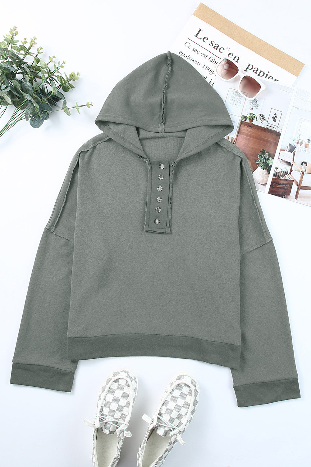 Black Solid Color Button Front Basic Pullover Hoodie