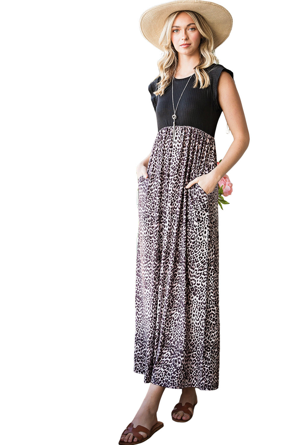 Vestido largo informal con bolsillos y mangas cortas y estampado de leopardo gris