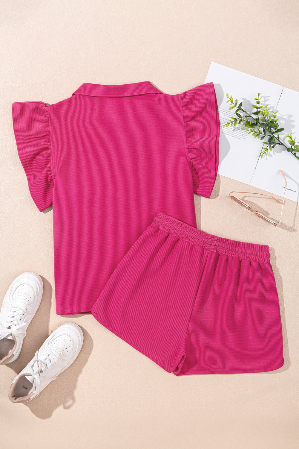 Beau Blue Flutter Sleeve Pop of Color Neckline Top and Shorts Set