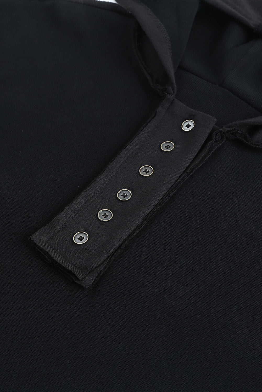 Black Solid Color Button Front Basic Pullover Hoodie
