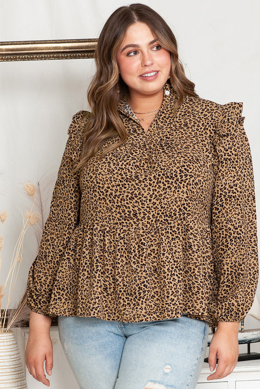 Top babydoll de talla grande con volantes y estampado de leopardo en los hombros 